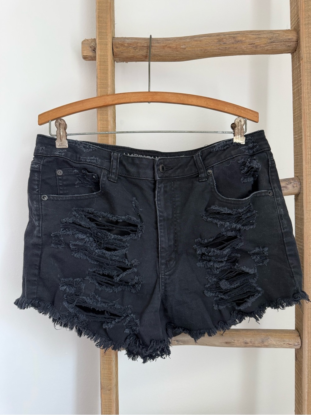 American Eagle Outfitters Black High-Waist Distressed Denim Shorts